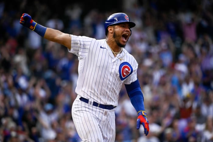 Former Cubs catcher Willson Contreras reacts after hitting a walk-off single.